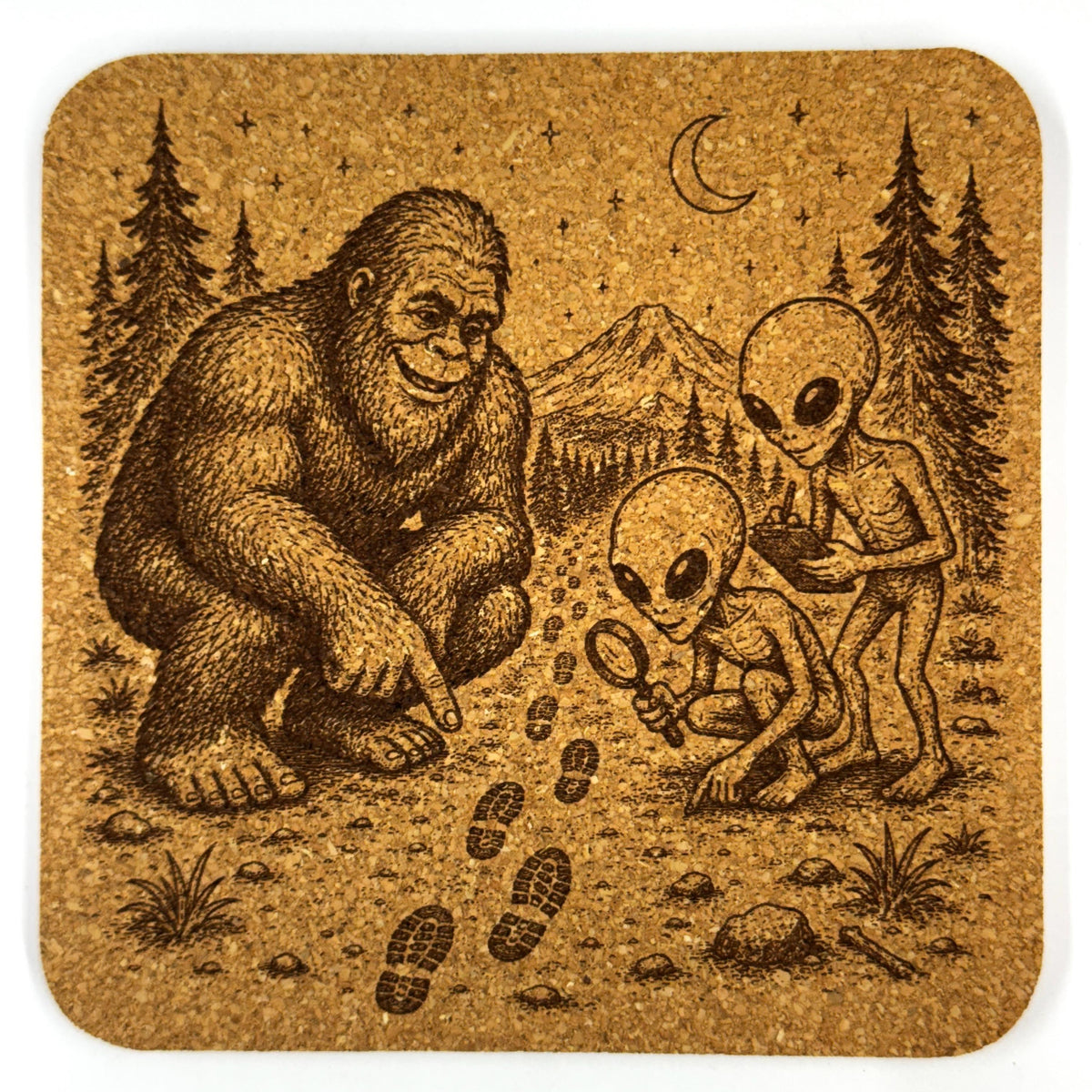 Bigfoot Alien Cork Coasters – Sasquatch UFO Forest Designs, Set of 4