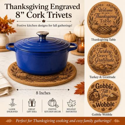 Thanksgiving Cork Trivet, 8 Inch Laser Engraved Hot Pad, Fall Kitchen Decor
