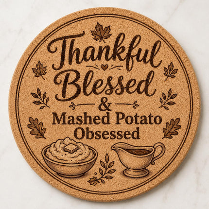 Thanksgiving Cork Trivet, 8 Inch Laser Engraved Hot Pad, Fall Kitchen Decor