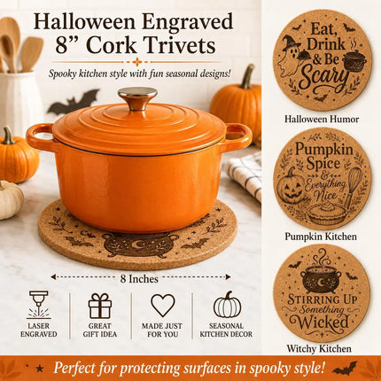 Halloween Cork Trivet, 8 Inch Laser Engraved Hot Pad, Fall Kitchen Decor