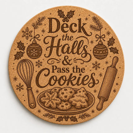 Christmas Cork Trivet, 8 Inch Laser Engraved Hot Pad, Holiday Kitchen Decor