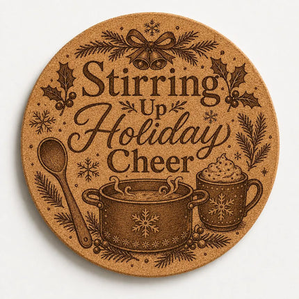 Christmas Cork Trivet, 8 Inch Laser Engraved Hot Pad, Holiday Kitchen Decor