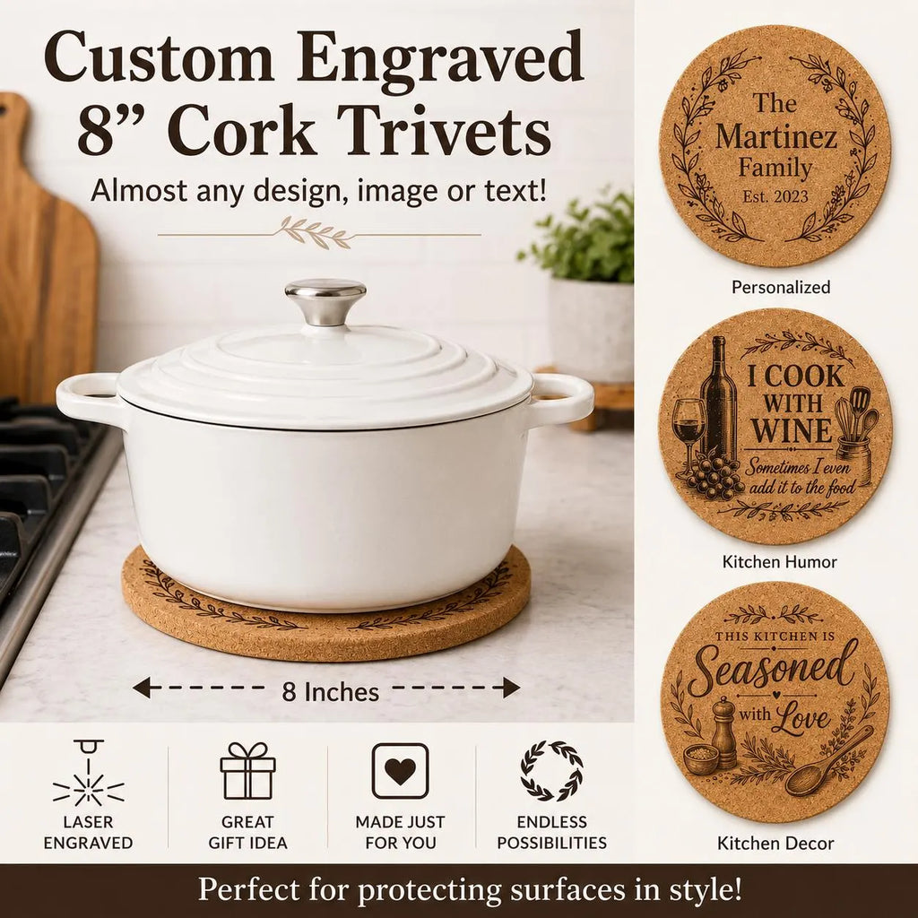 Custom or Pre-Designed 8" Cork Trivet – Laser Engraved Round Hot Pad – Personalized Kitchen Gift