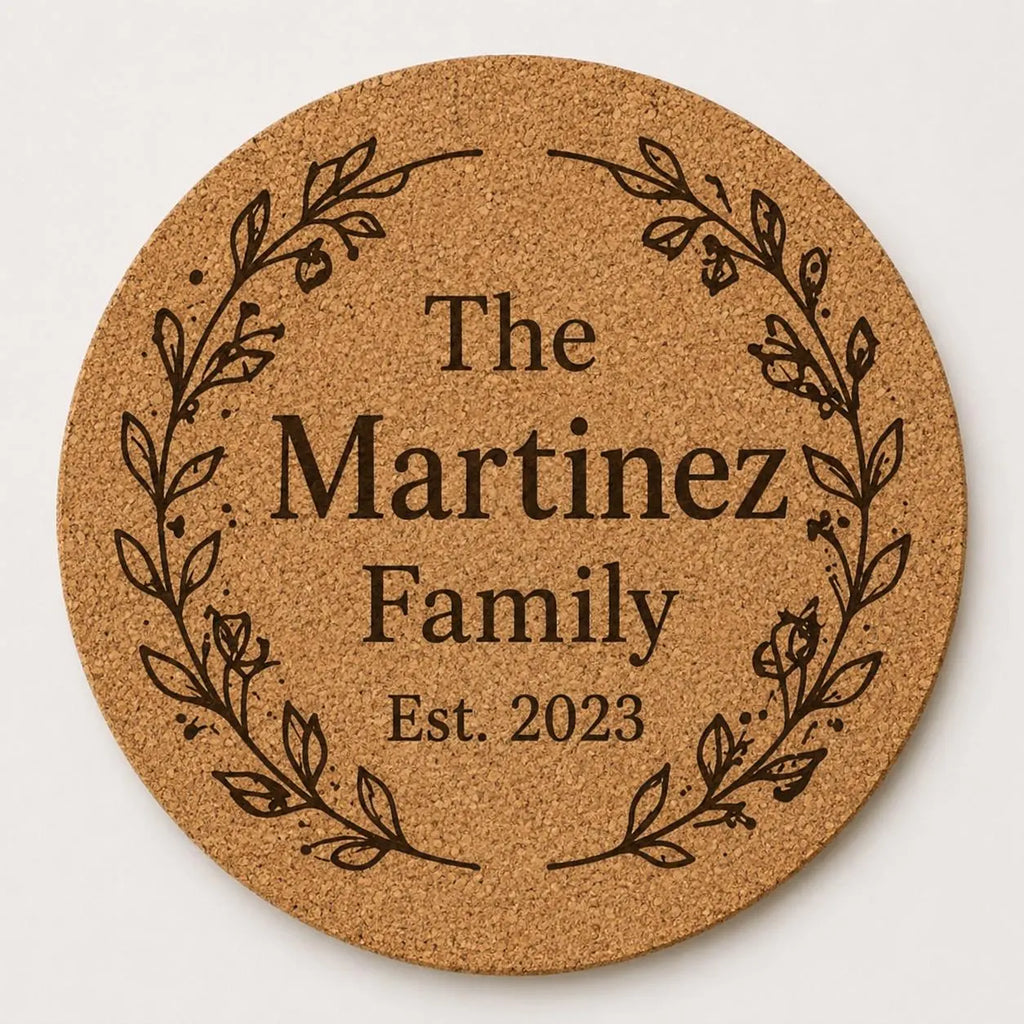 Custom or Pre-Designed 8" Cork Trivet – Laser Engraved Round Hot Pad – Personalized Kitchen Gift