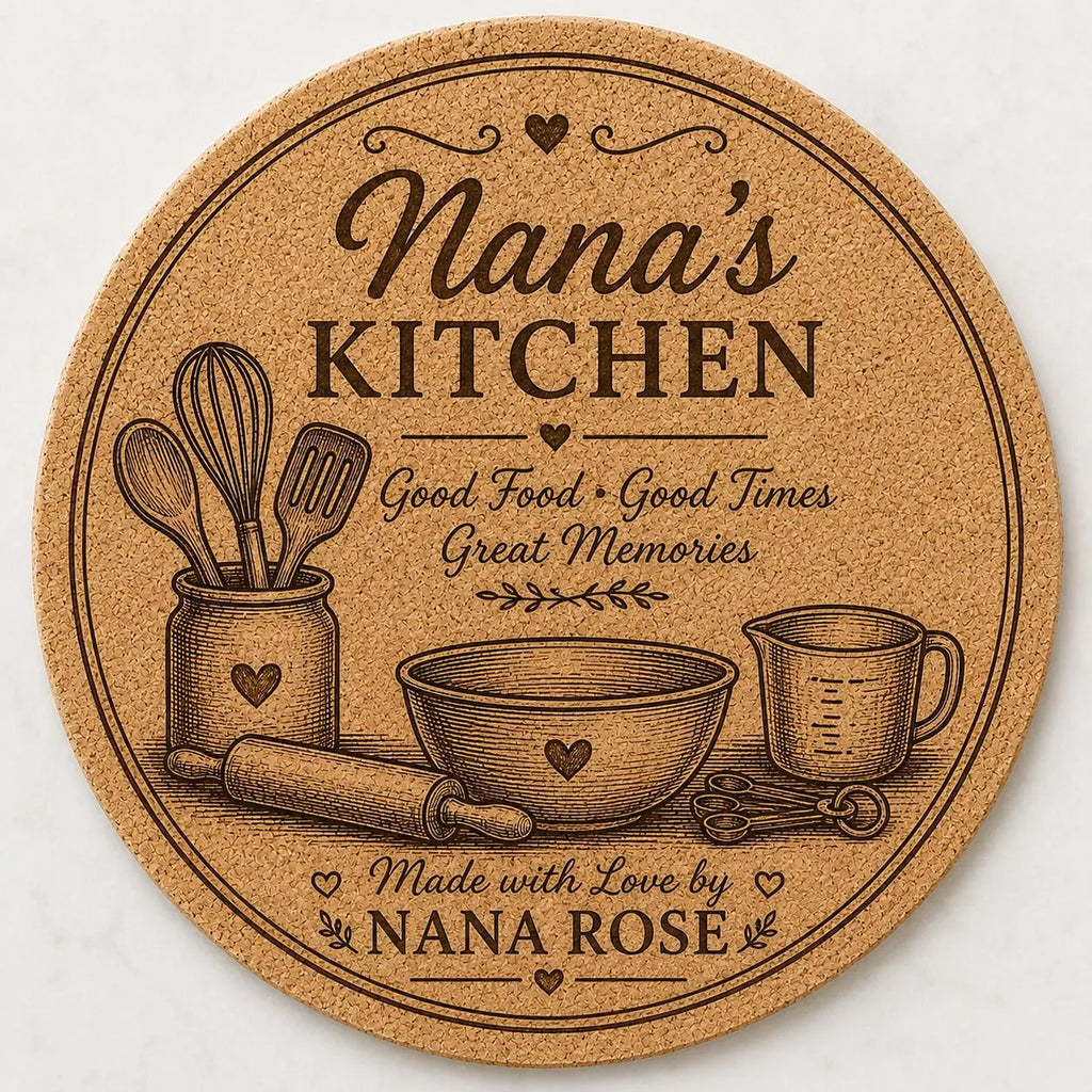 Custom or Pre-Designed 8" Cork Trivet – Laser Engraved Round Hot Pad – Personalized Kitchen Gift