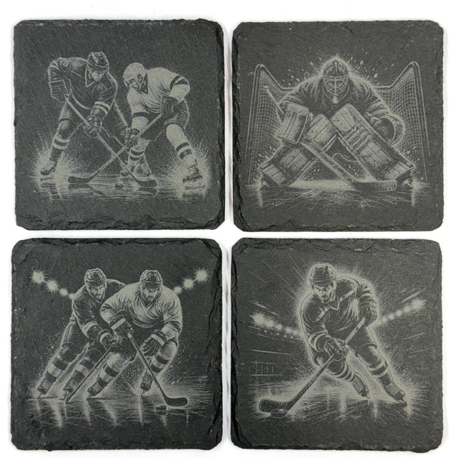 Ice Hockey Action Scenes, Set of 4 Laser Engraved Slate Coasters