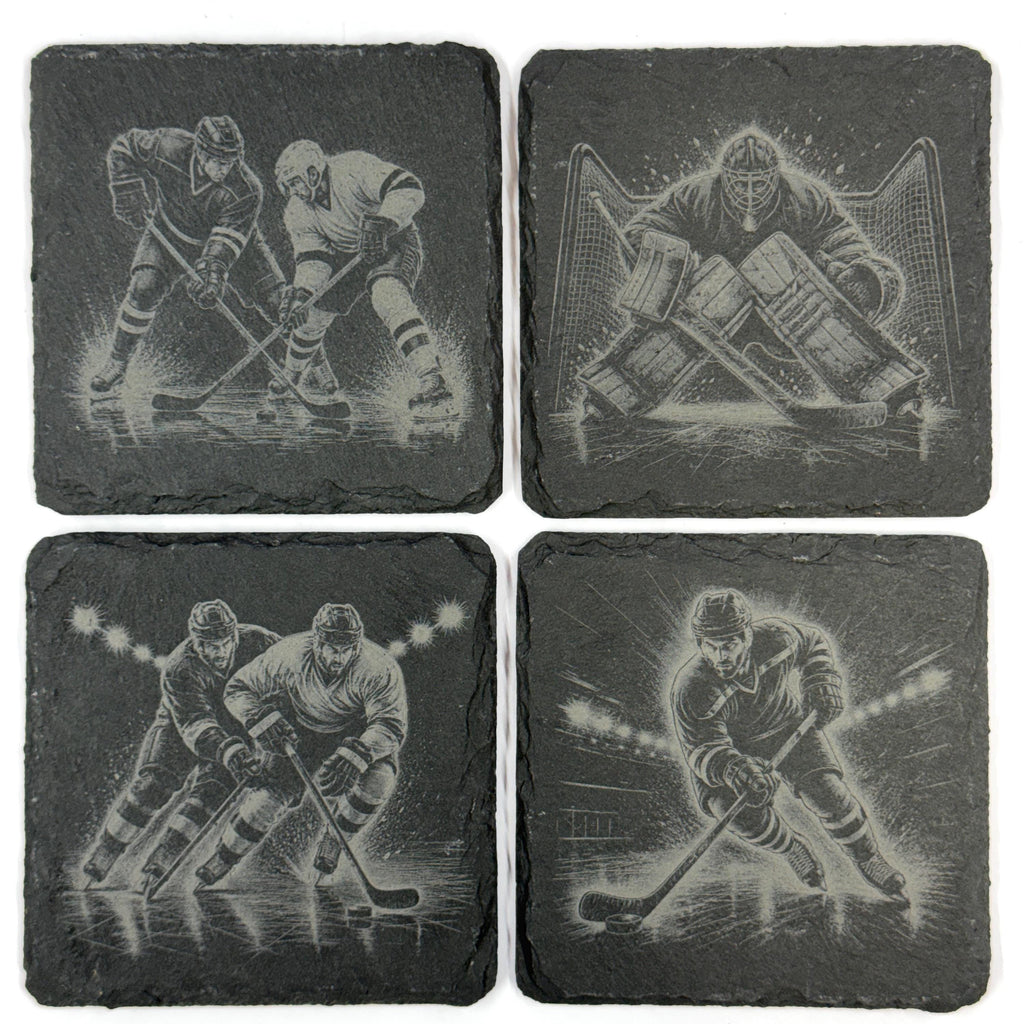 Ice Hockey Action Scenes, Set of 4 Laser Engraved Slate Coasters
