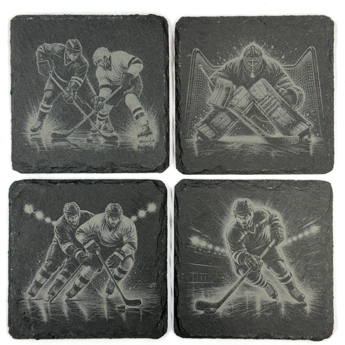 Ice Hockey Action Scenes, Set of 4 Laser Engraved Slate Coasters
