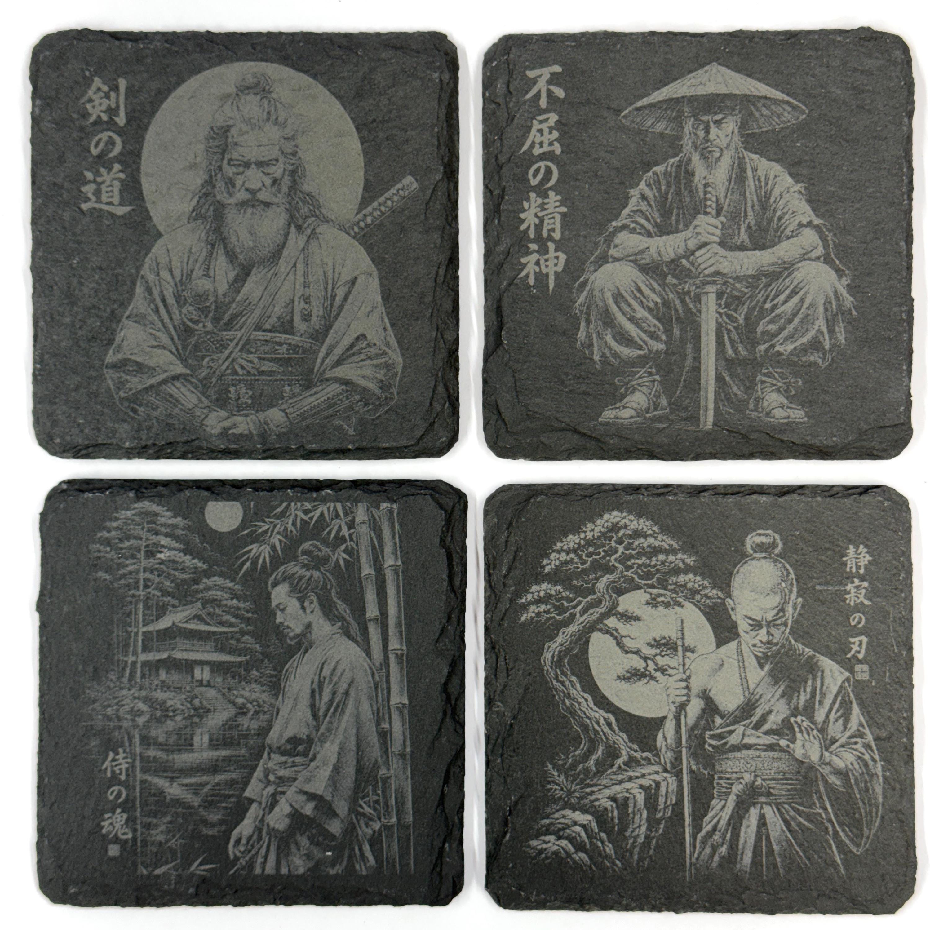 Japanese Samurai Warrior Collection, Set of 4 Laser Engraved Slate Coasters