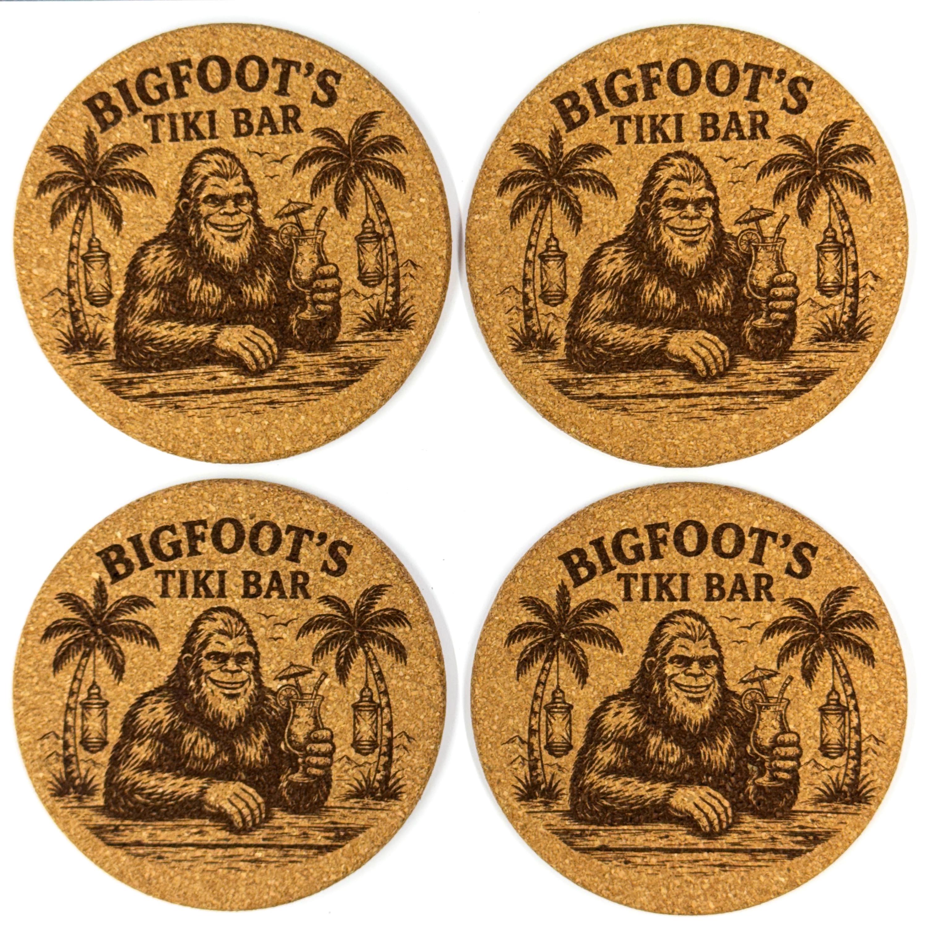 Bigfoot Tiki Bar Cork Coasters – Set of 4 Laser Engraved Drink Coasters