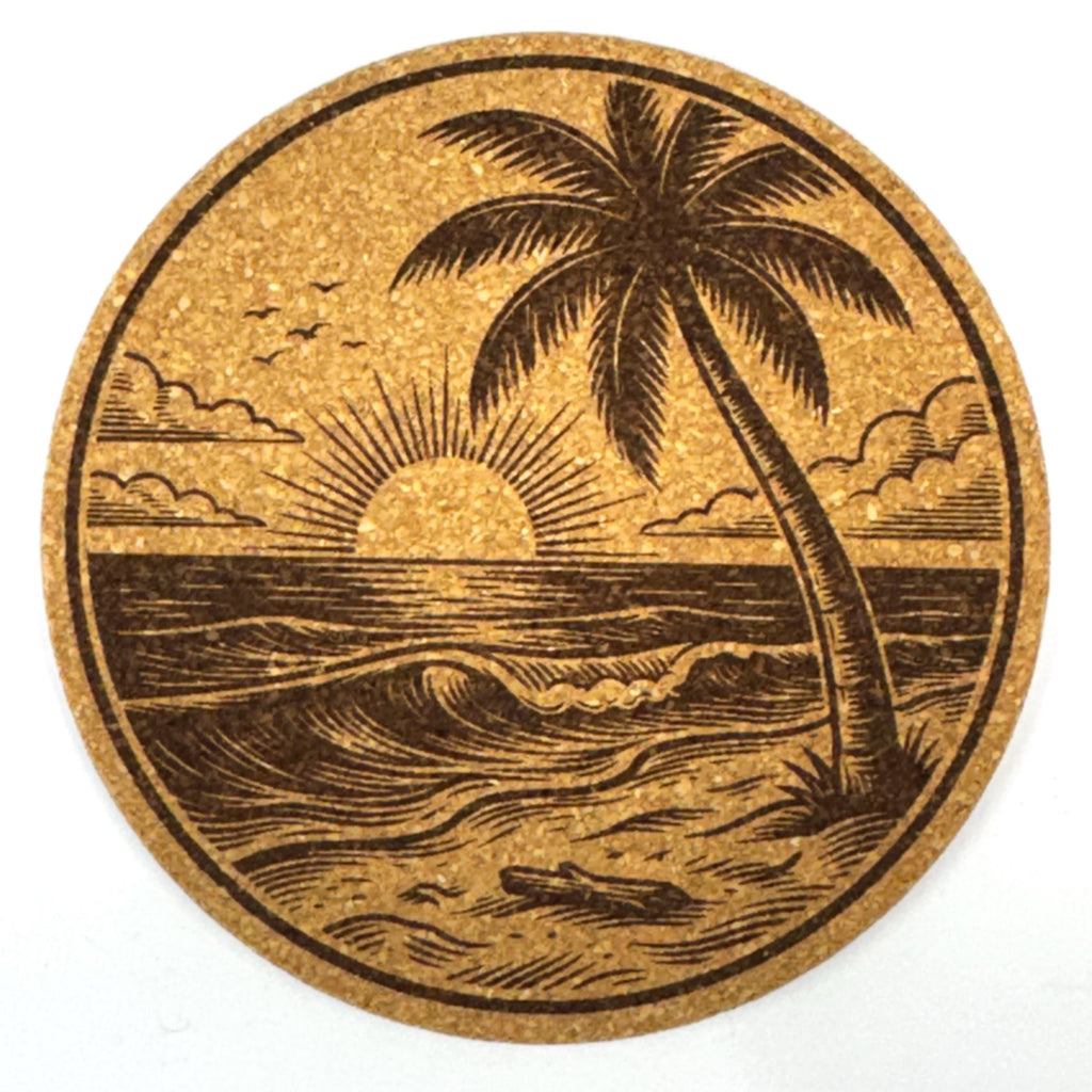 Beach Paradise Coastal Decor, Set of 4 Laser Engraved Cork Coasters