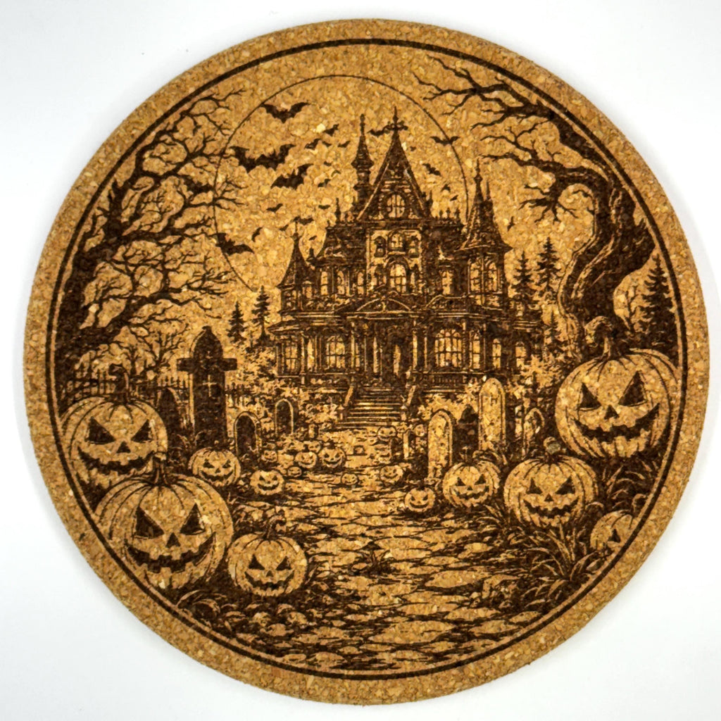 Halloween Witch & Haunted House Set of 6 Laser Engraved Cork Coasters