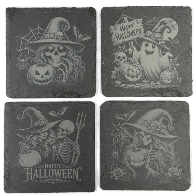 Spooky Fun Halloween Witches, Pumpkins and Ghost Set of 4 Laser Engraved Slate Coasters