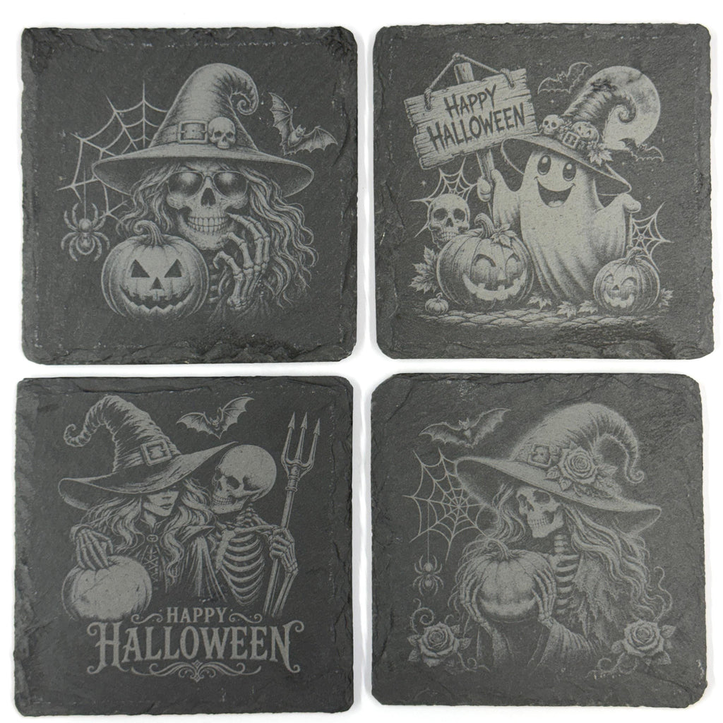 Spooky Fun Halloween Witches, Pumpkins and Ghost Set of 4 Laser Engraved Slate Coasters