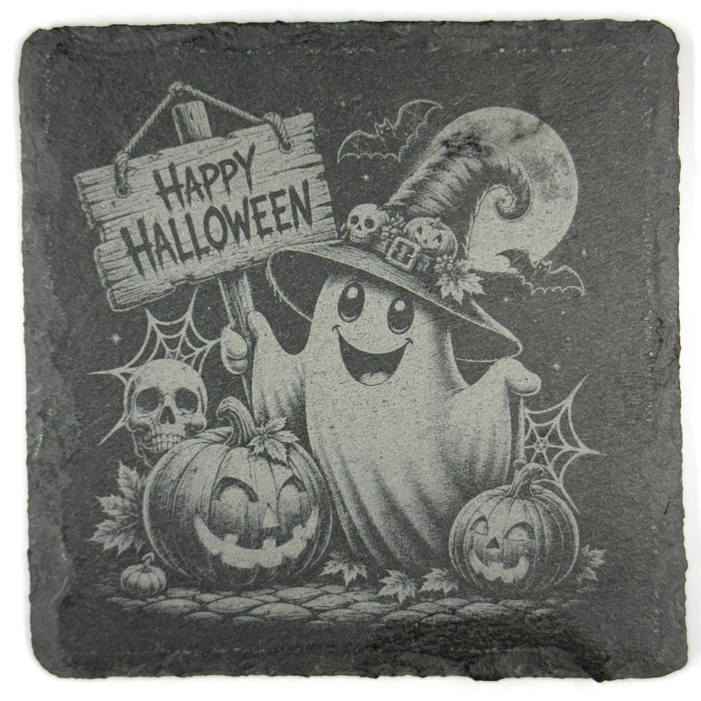 Spooky Fun Halloween Witches, Pumpkins and Ghost Set of 4 Laser Engraved Slate Coasters