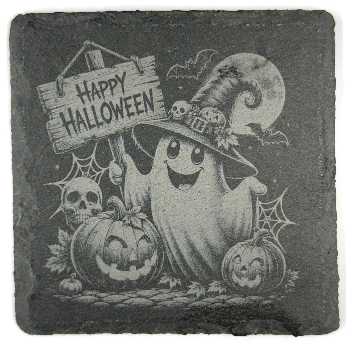 Spooky Fun Halloween Witches, Pumpkins and Ghost Set of 4 Laser Engraved Slate Coasters