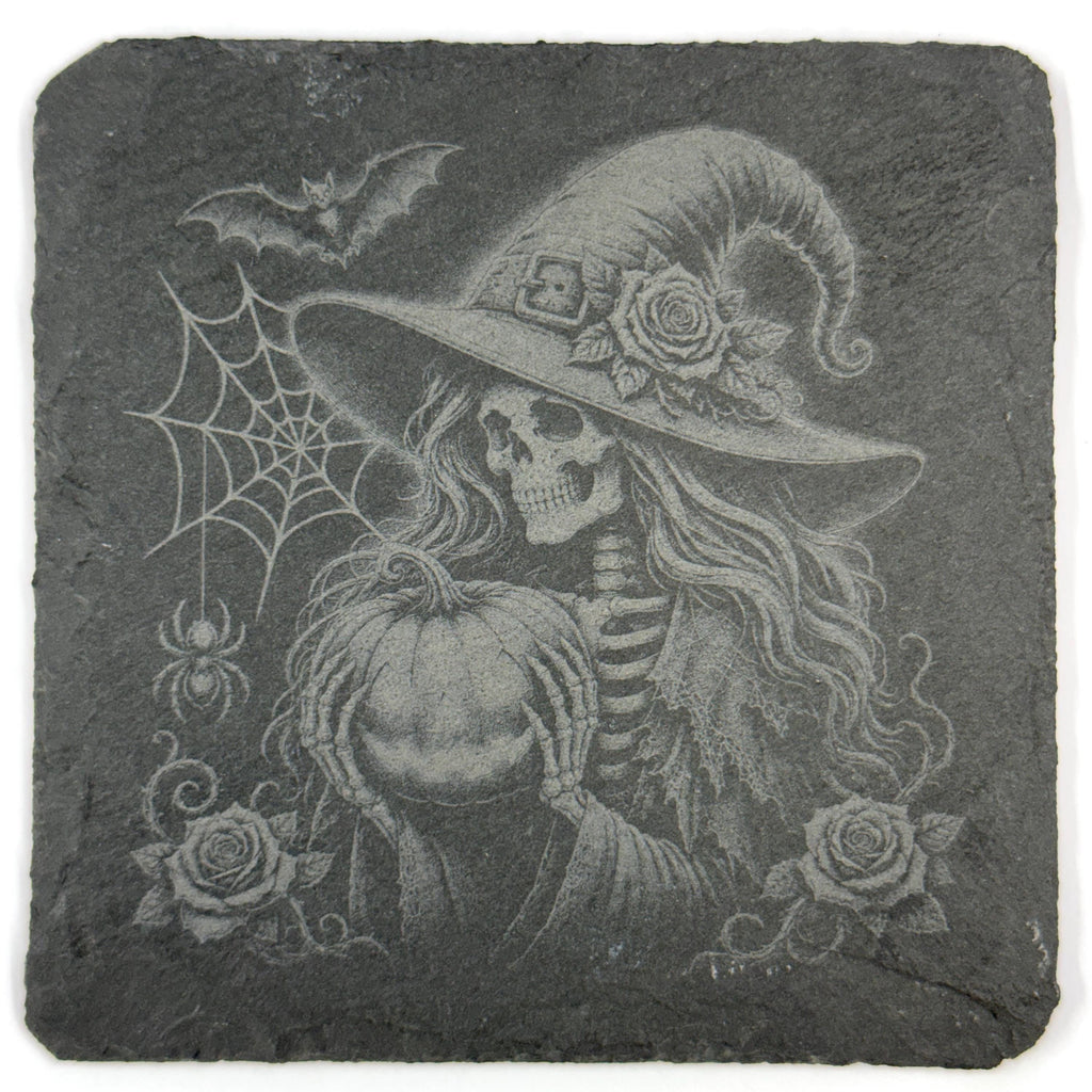 Spooky Fun Halloween Witches, Pumpkins and Ghost Set of 4 Laser Engraved Slate Coasters