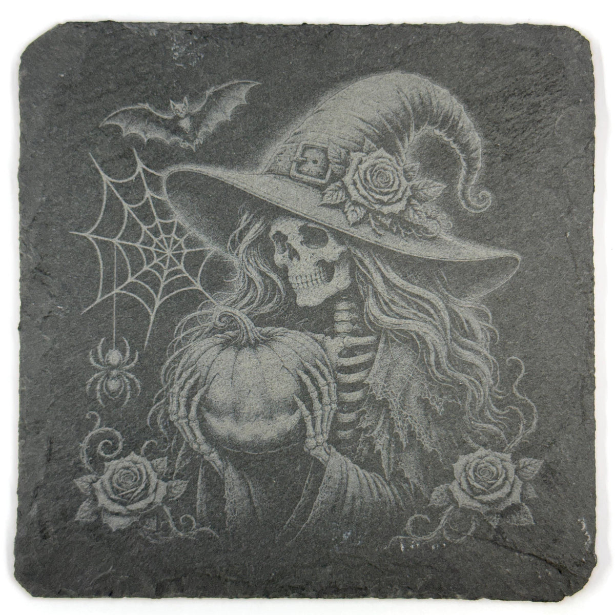 Spooky Fun Halloween Witches, Pumpkins and Ghost Set of 4 Laser Engraved Slate Coasters