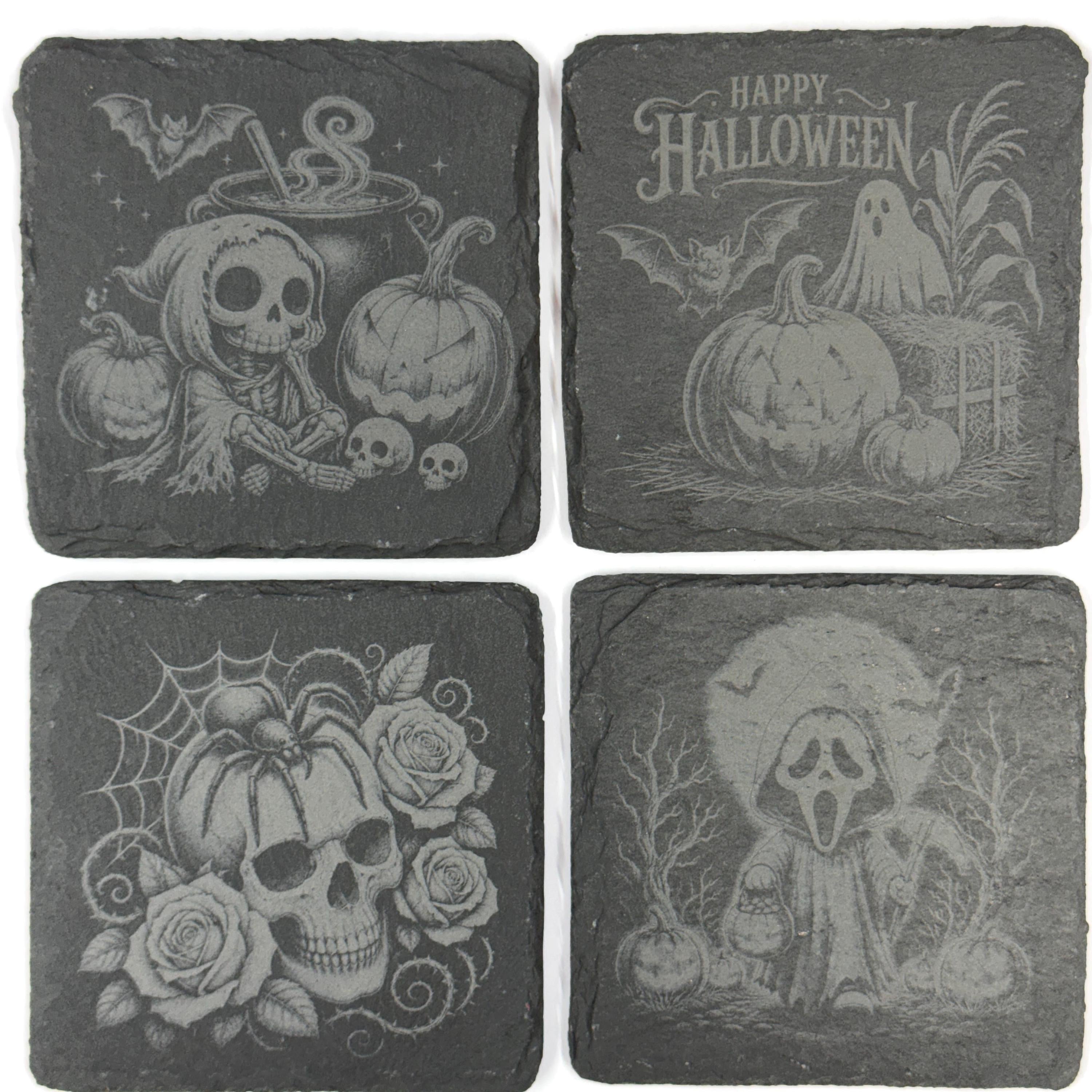 Creepy Halloween Skeletons, Skull & Ghost Set of 4 Laser Engraved Slate Coasters
