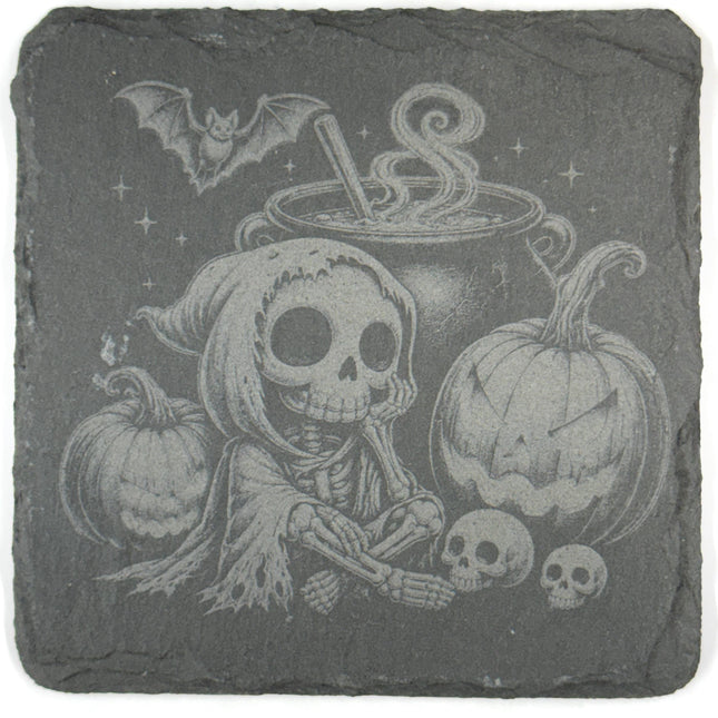 Creepy Halloween Skeletons, Skull & Ghost Set of 4 Laser Engraved Slate Coasters