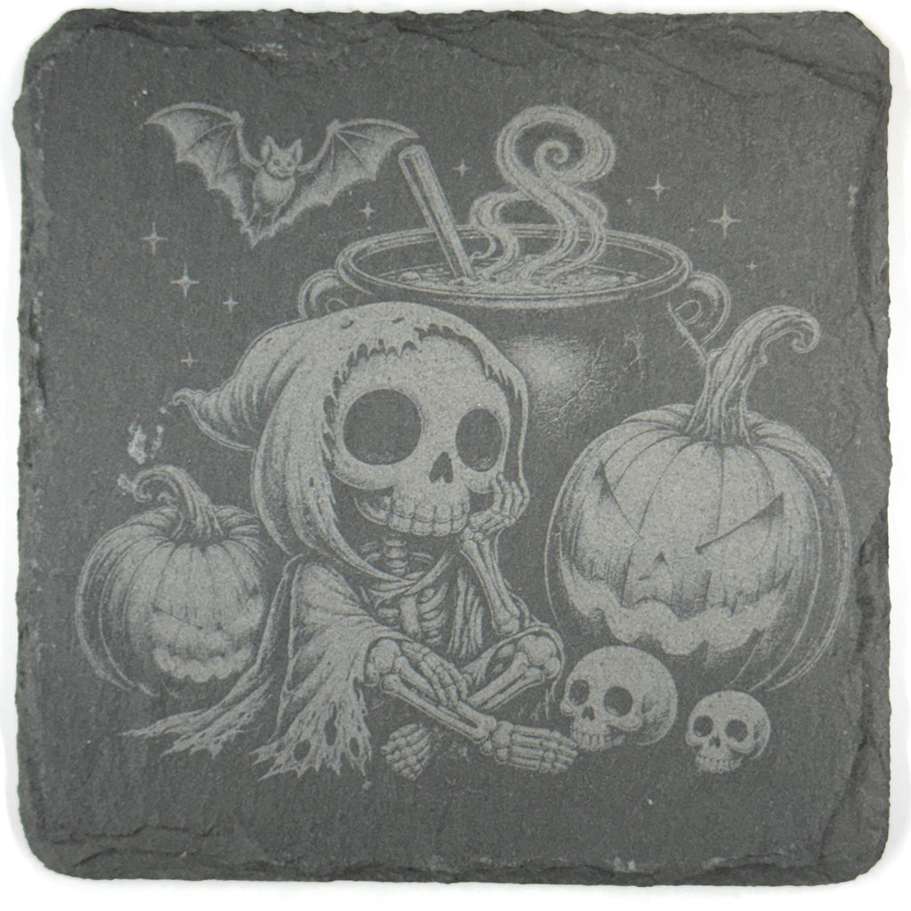 Creepy Halloween Skeletons, Skull & Ghost Set of 4 Laser Engraved Slate Coasters