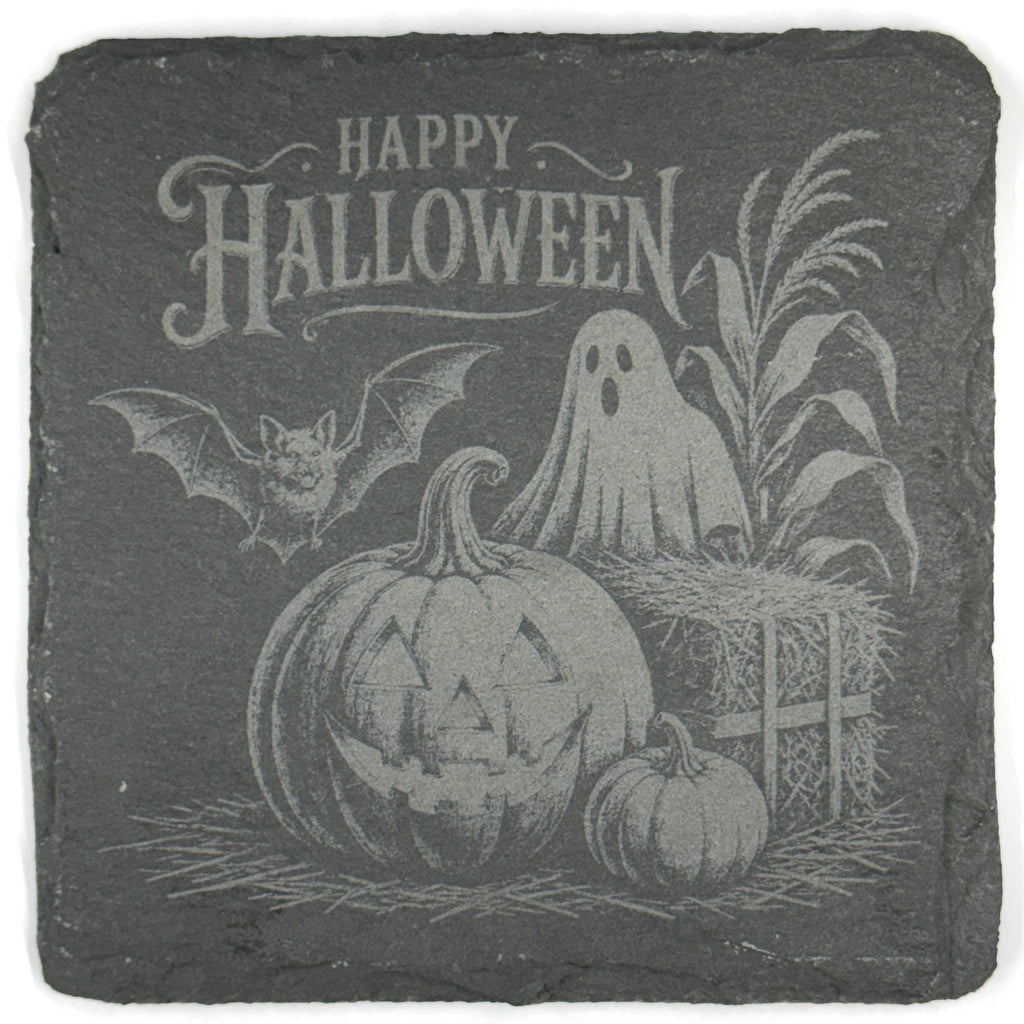 Creepy Halloween Skeletons, Skull & Ghost Set of 4 Laser Engraved Slate Coasters