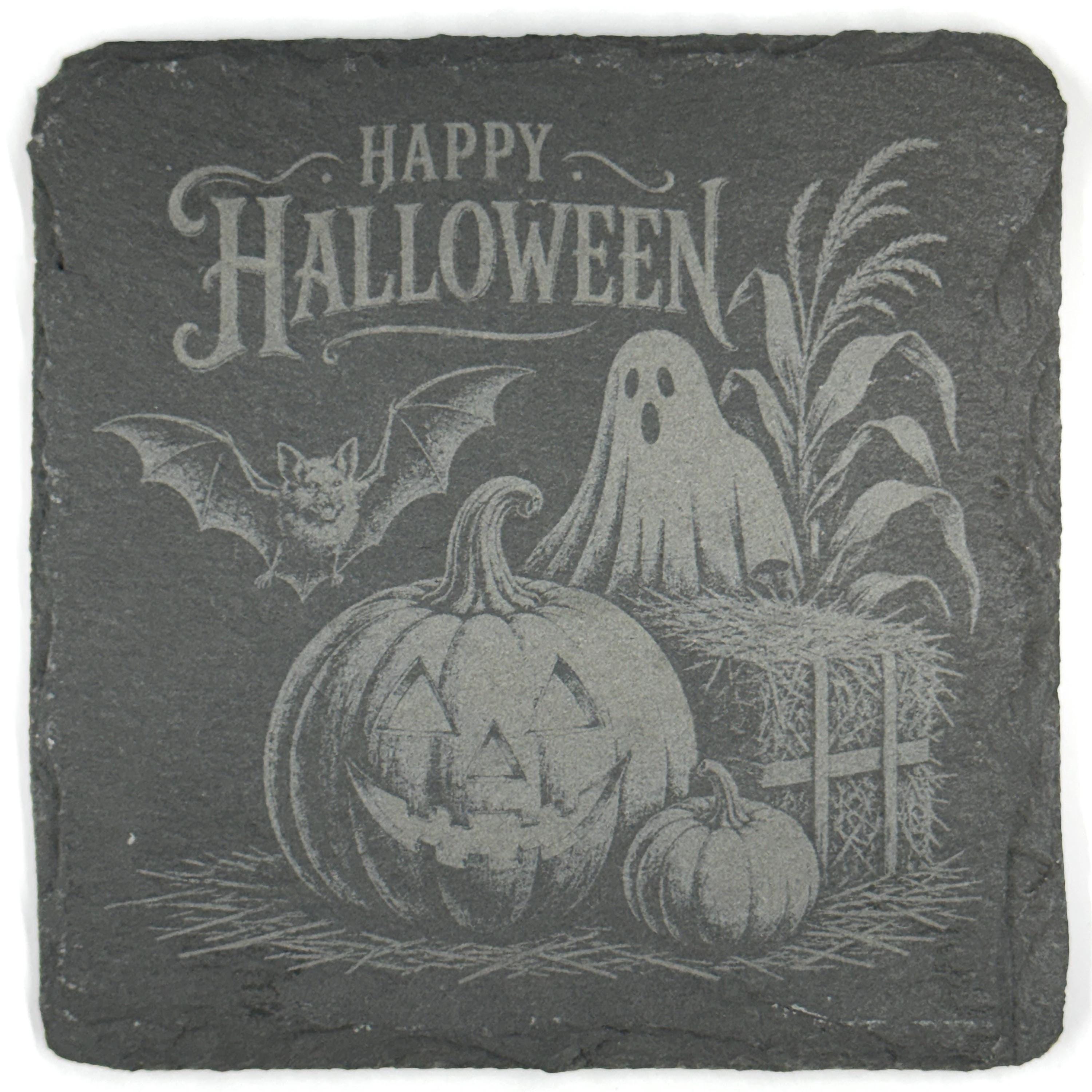Creepy Halloween Skeletons, Skull & Ghost Set of 4 Laser Engraved Slate Coasters
