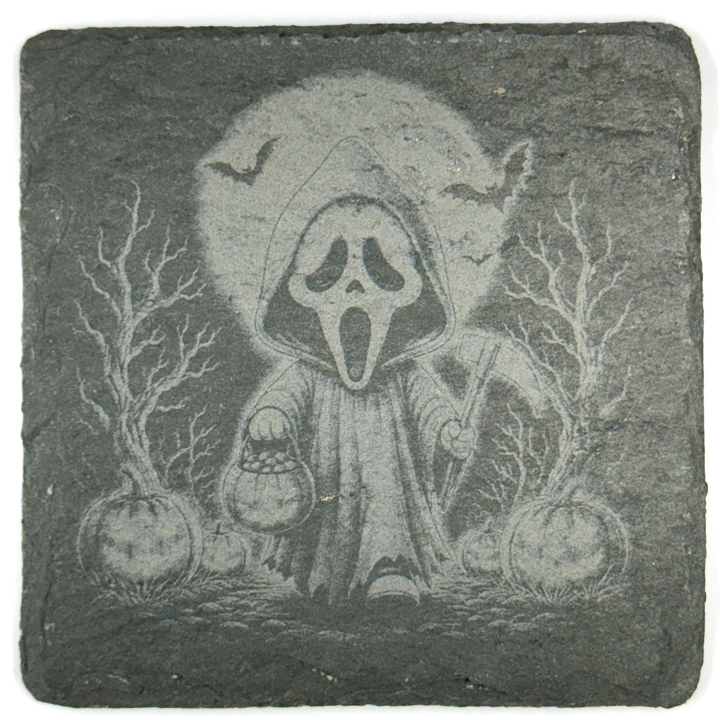 Creepy Halloween Skeletons, Skull & Ghost Set of 4 Laser Engraved Slate Coasters