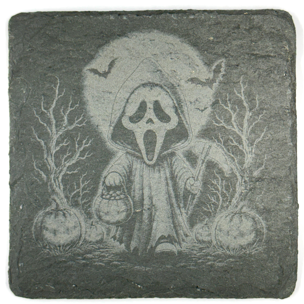 Creepy Halloween Skeletons, Skull & Ghost Set of 4 Laser Engraved Slate Coasters
