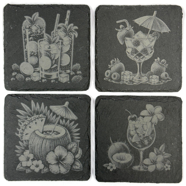 Tropical Island Cocktails & Fruit Set of 4 Laser Engraved Slate Coasters