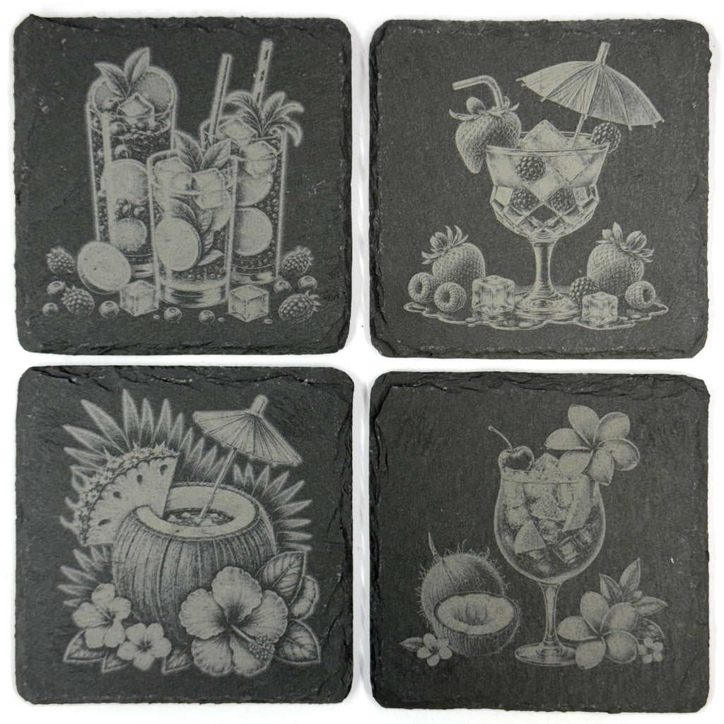 Tropical Island Cocktails & Fruit Set of 4 Laser Engraved Slate Coasters
