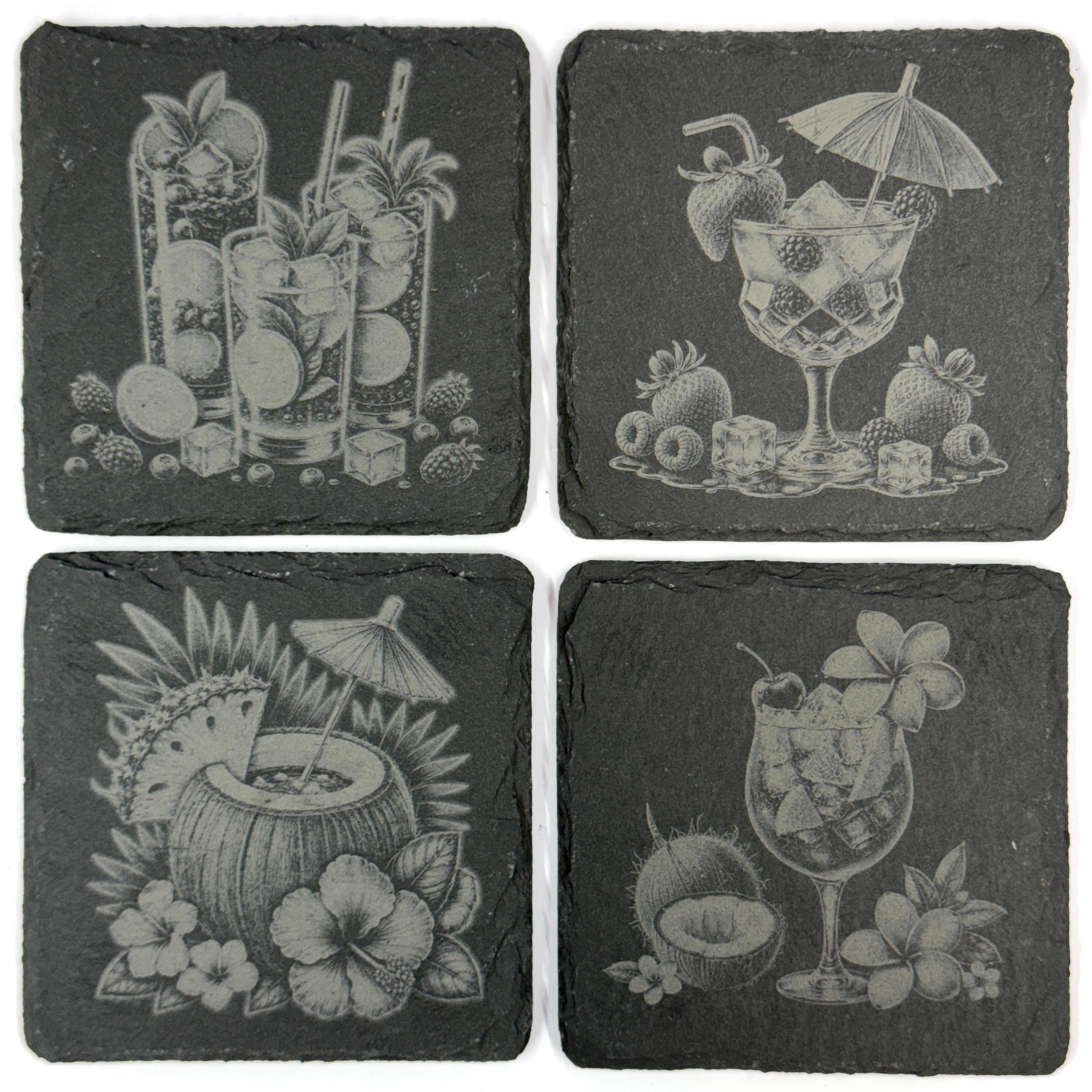 Tropical Island Cocktails & Fruit Set of 4 Laser Engraved Slate Coasters
