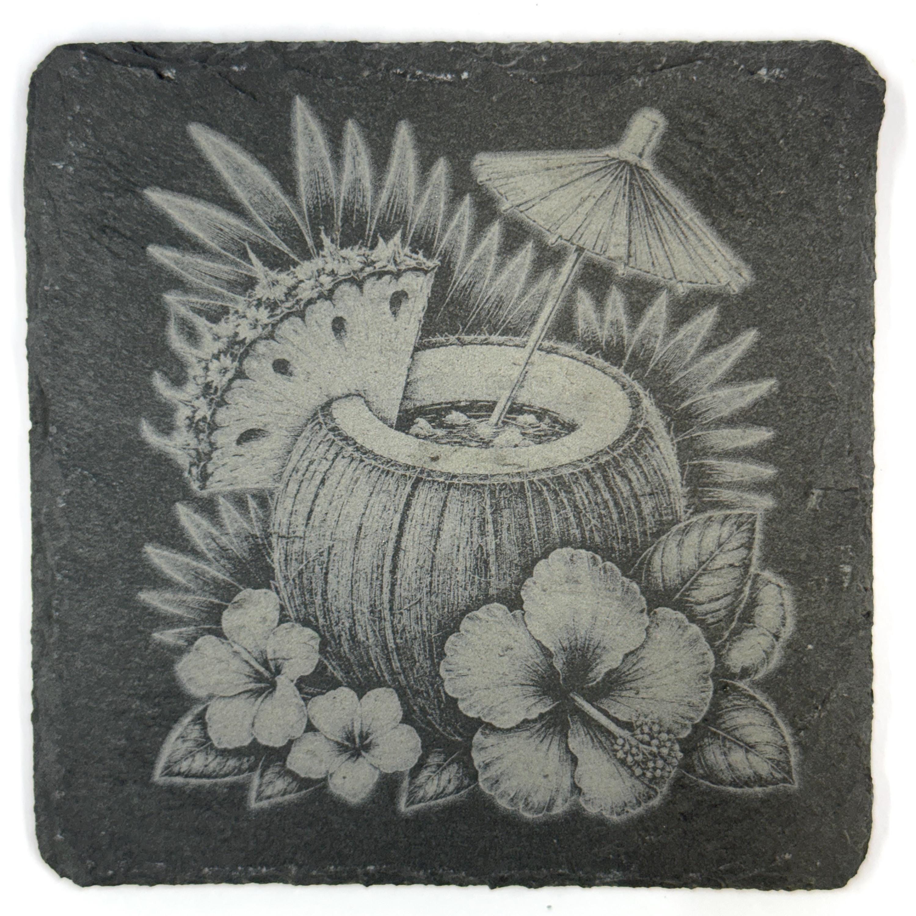 Tropical Island Cocktails & Fruit Set of 4 Laser Engraved Slate Coasters