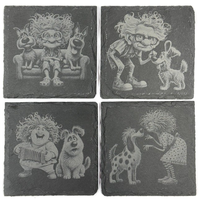 Funny Eccentric Dog Owners and Their Dogs Set of 4 Laser Engraved Slate Coasters