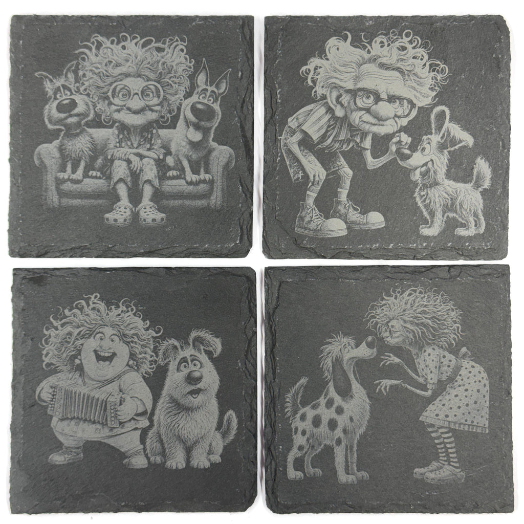 Funny Eccentric Dog Owners and Their Dogs Set of 4 Laser Engraved Slate Coasters