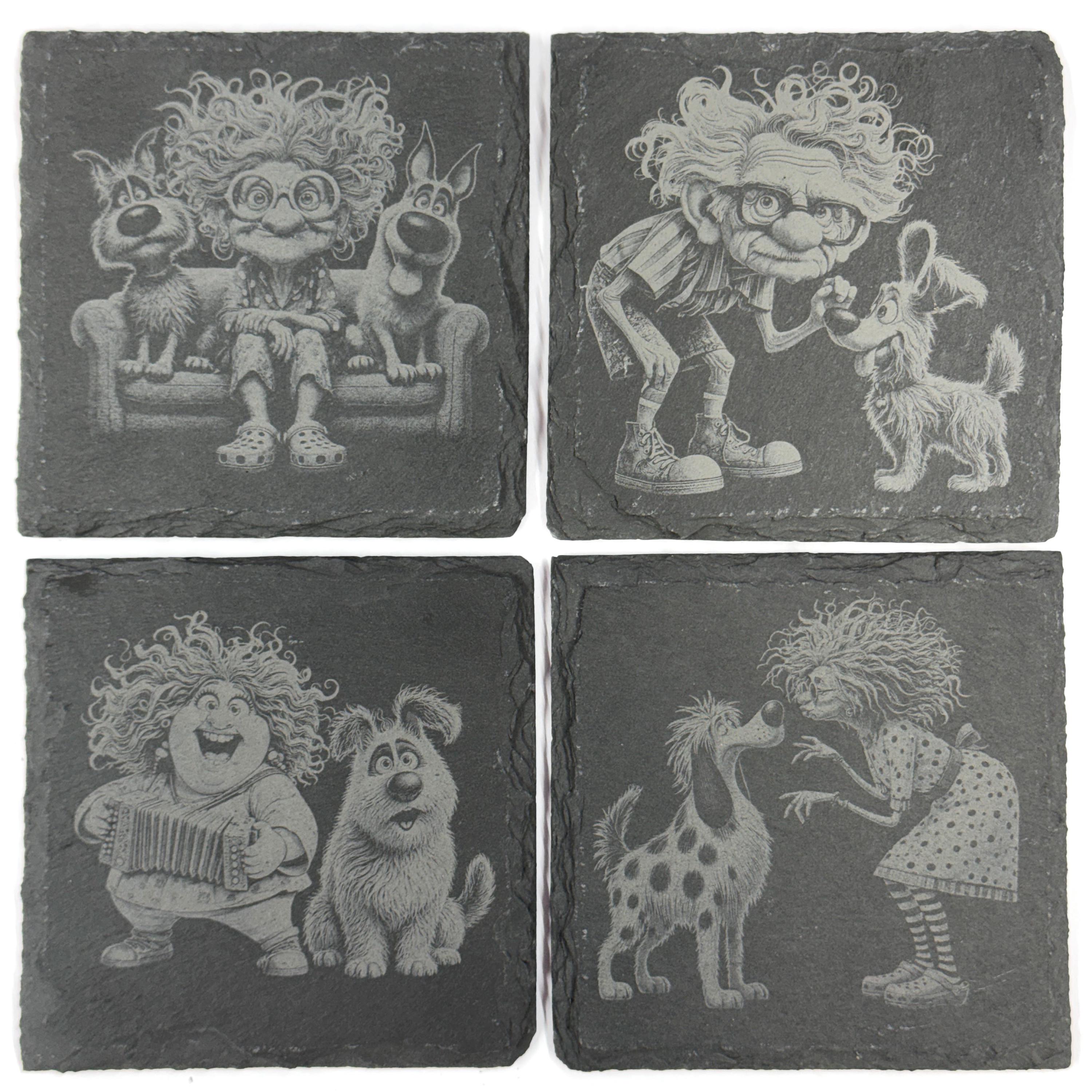 Funny Eccentric Dog Owners and Their Dogs Set of 4 Laser Engraved Slate Coasters