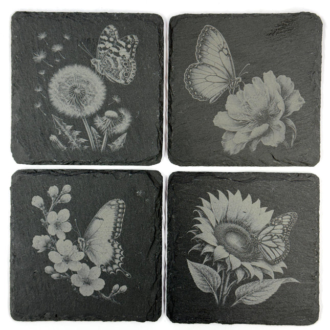 Butterflies and Garden Flowers Set of 4 Laser Engraved Slate Coasters