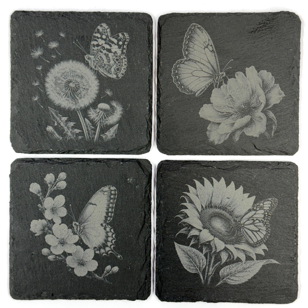 Butterflies and Garden Flowers Set of 4 Laser Engraved Slate Coasters