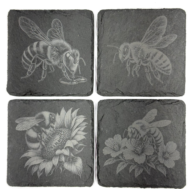 Honey Bees & Blossoms Set of 4 Laser Engraved Slate Coasters