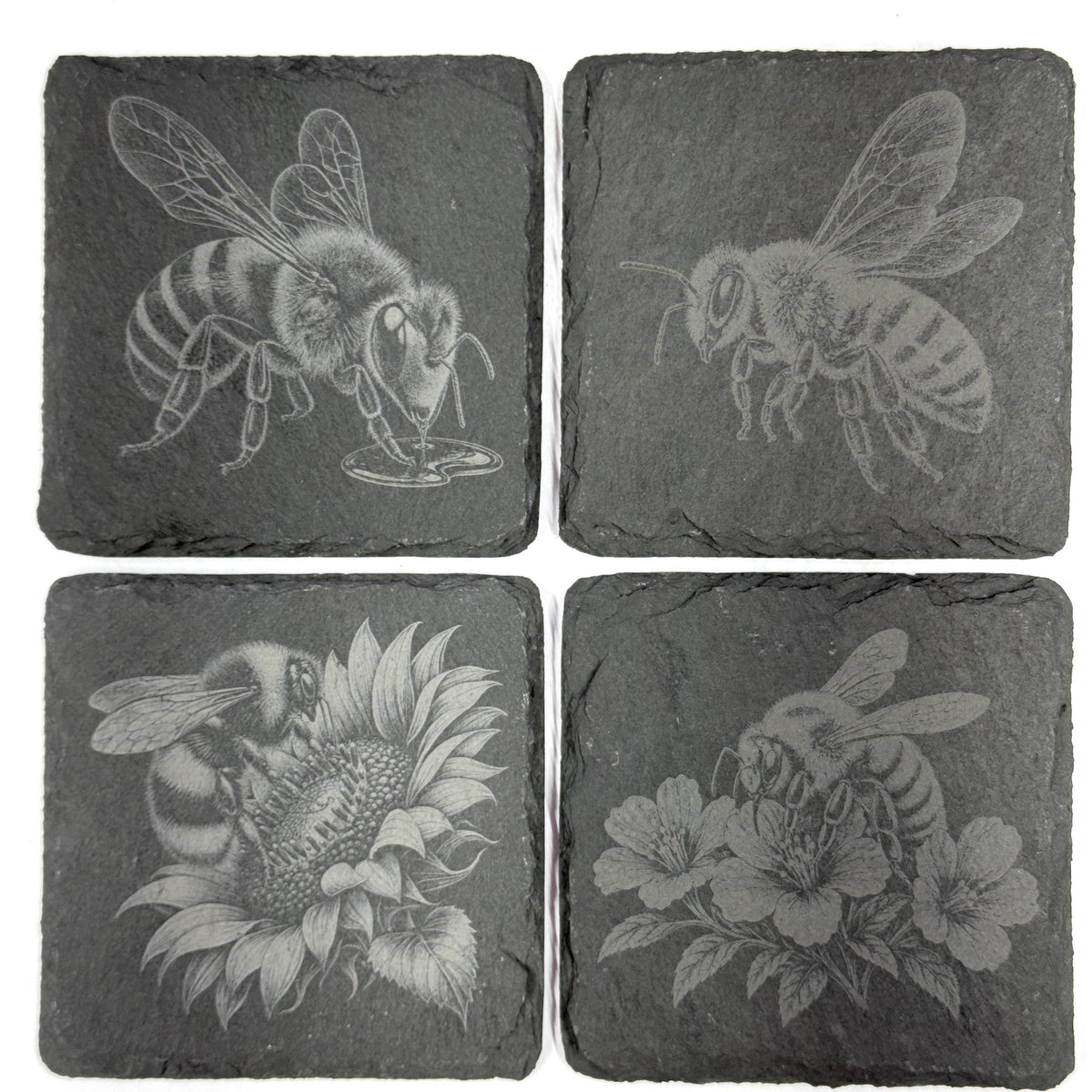 Honey Bees & Blossoms Set of 4 Laser Engraved Slate Coasters