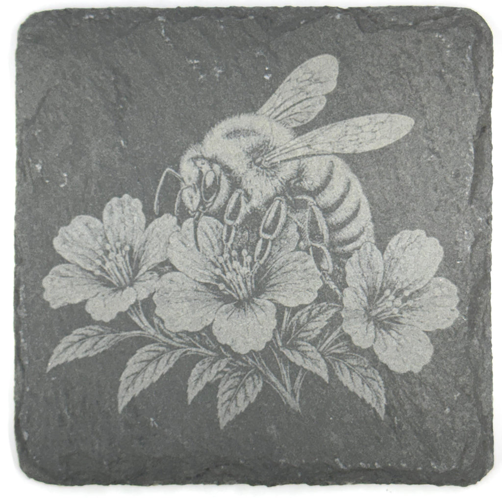 Honey Bees & Blossoms Set of 4 Laser Engraved Slate Coasters