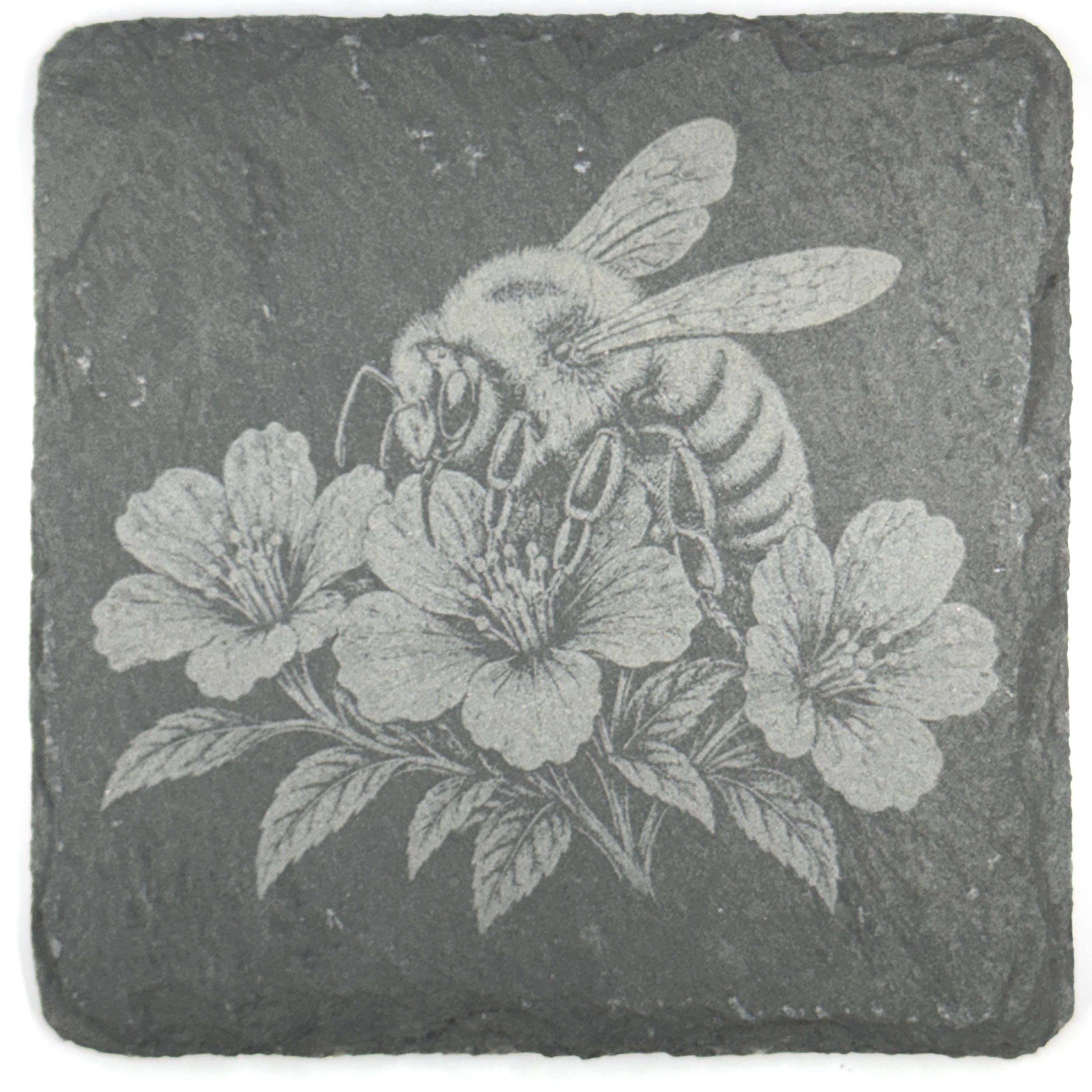 Honey Bees & Blossoms Set of 4 Laser Engraved Slate Coasters