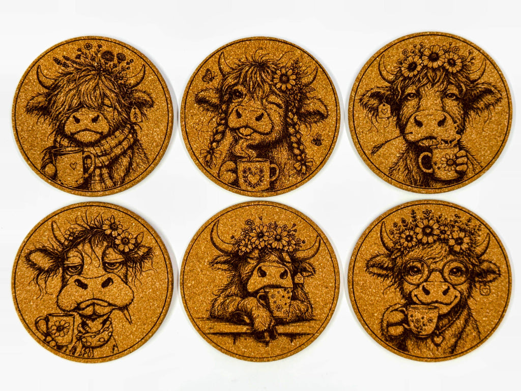 Funny Highland Cow Coffee Lovers Set of 6 Laser Engraved Round Cork Coasters