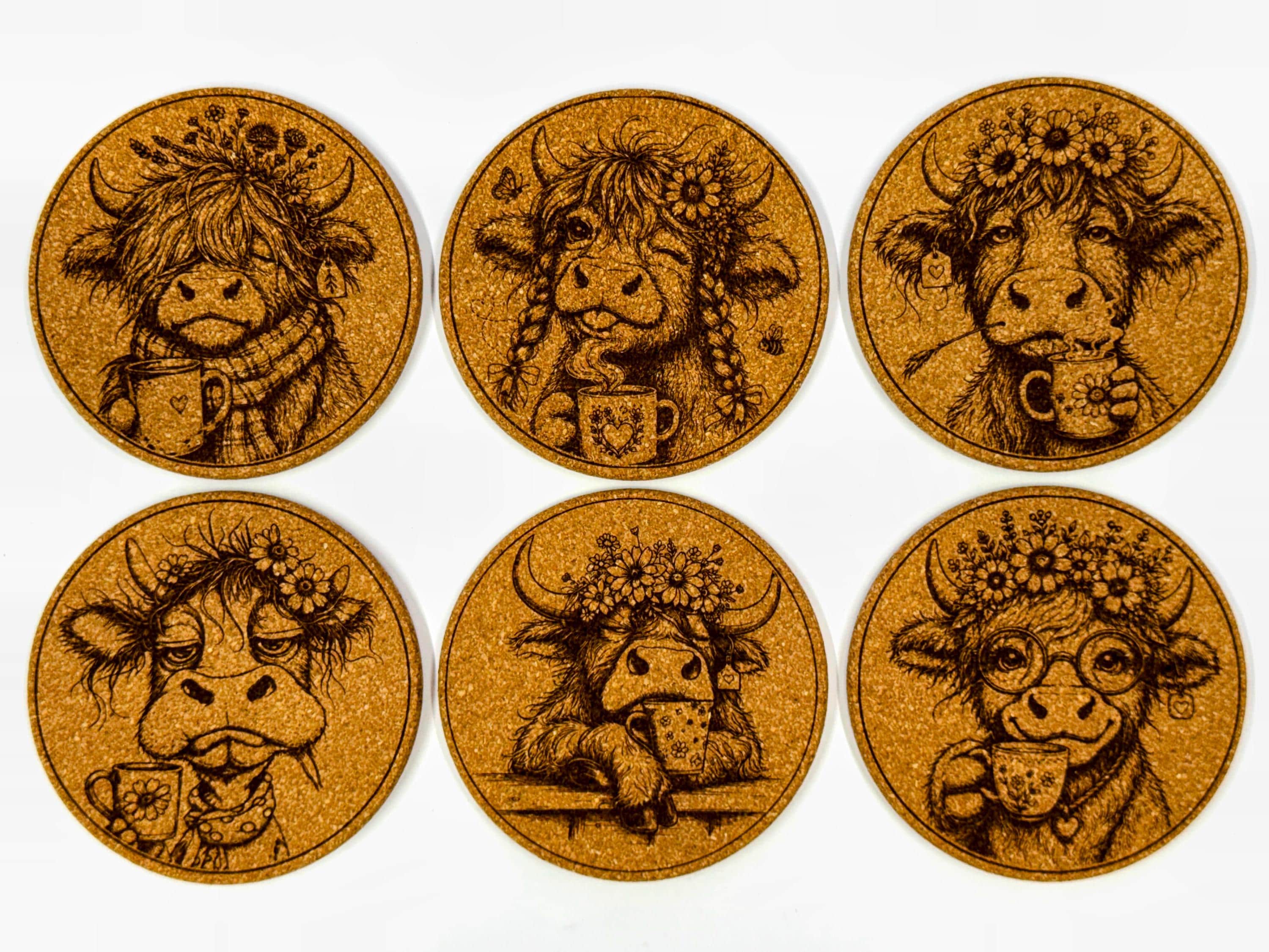 Funny Highland Cow Coffee Lovers Set of 6 Laser Engraved Round Cork Coasters
