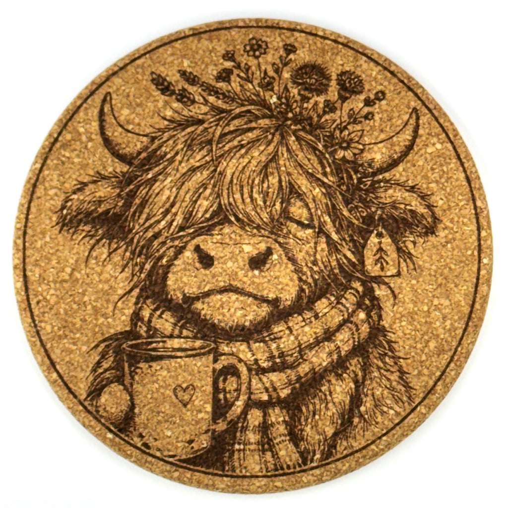 Funny Highland Cow Coffee Lovers Set of 6 Laser Engraved Round Cork Coasters