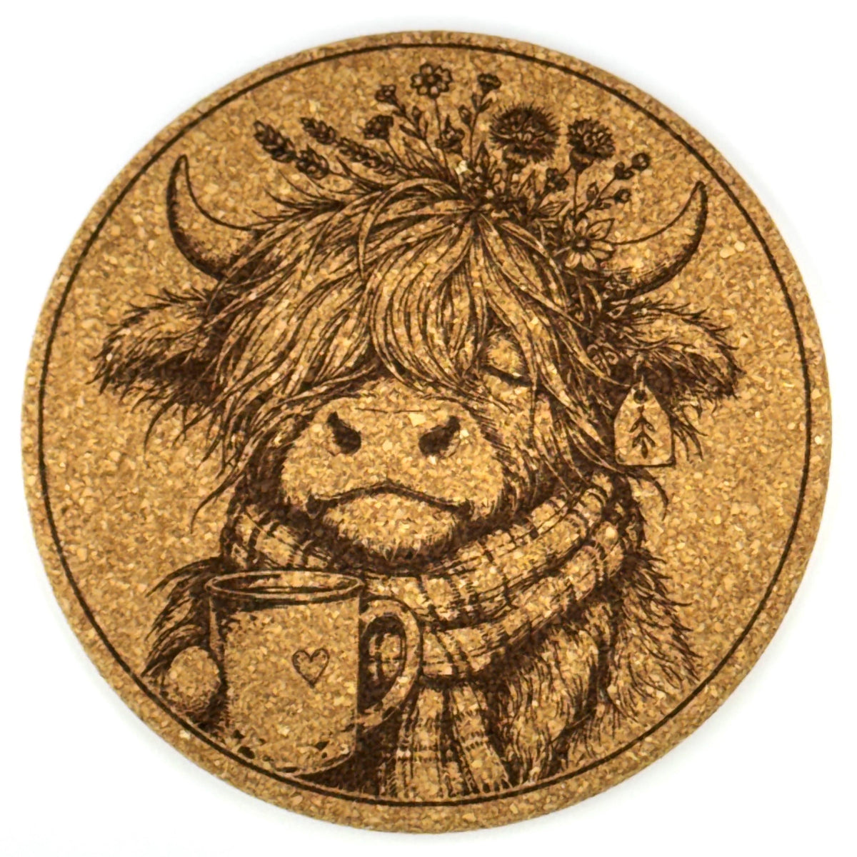 Funny Highland Cow Coffee Lovers Set of 6 Laser Engraved Round Cork Coasters