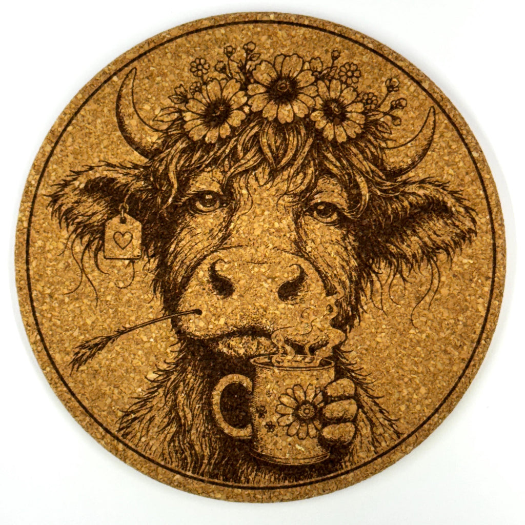 Funny Highland Cow Coffee Lovers Set of 6 Laser Engraved Round Cork Coasters