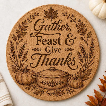 Thanksgiving Cork Trivet, 8 Inch Laser Engraved Hot Pad, Fall Kitchen Decor