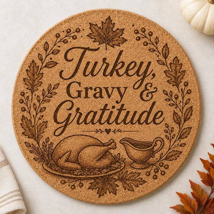 Thanksgiving Cork Trivet, 8 Inch Laser Engraved Hot Pad, Fall Kitchen Decor