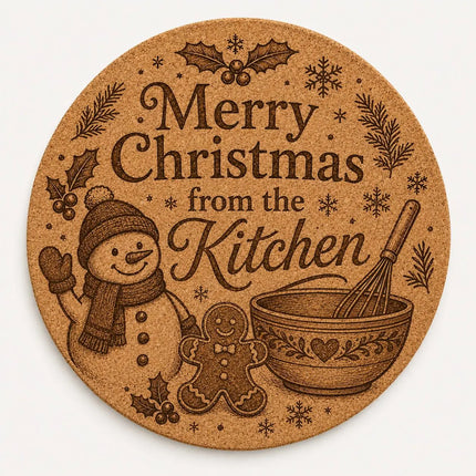 Christmas Cork Trivet, 8 Inch Laser Engraved Hot Pad, Holiday Kitchen Decor